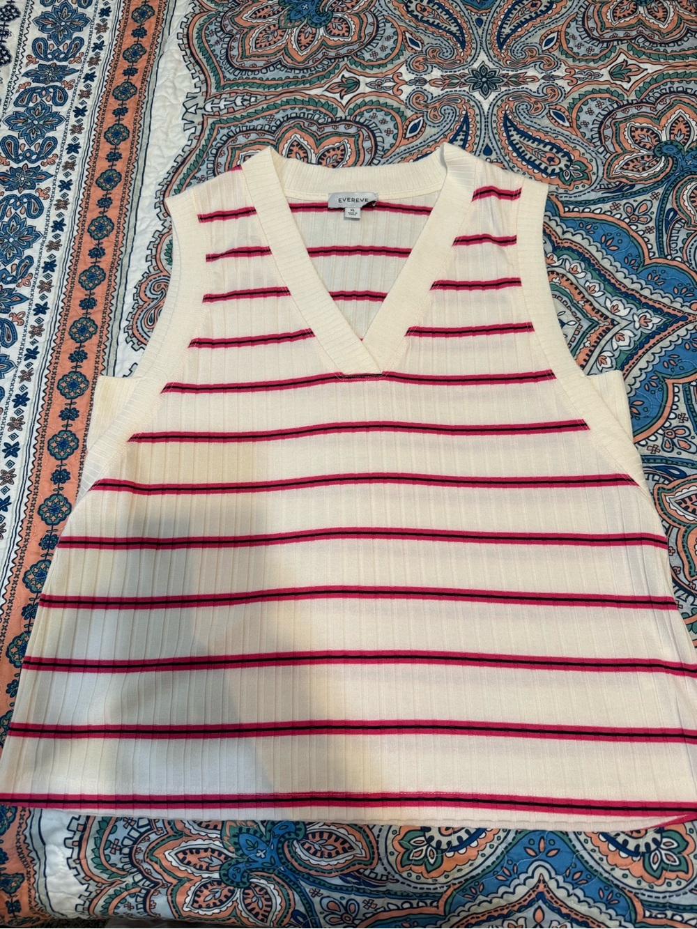 Evereve Cream Ribbed V-Neck Tank with Pink Stripes